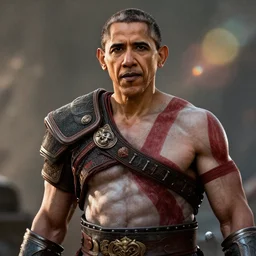 portrait of barack obama obama as kratos in god of war, movie still, cinematic lighting, ray tracing, octane render, long lens, shallow depth of field, bokeh, anamorphic lens flare, 8 k, hyper detailed, 3 5 mm film grain