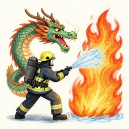 firefighters using water against a fire - breathing dragon, pencil art, fire, colorful