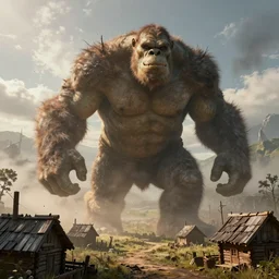 one single big giant ogre troll. attacks wooden village houses. Destruction dust and fog. Atmospheric beautiful by Eddie mendoza and Craig Mullins. volumetric lights