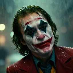 deep focus closeup headshot of joaquin phoenix joker in the rain, head tilted, curious, wet skin, bokeh, street lights, fog, bladerunner, backlit,, futurepunk, gta v, pinup, nagel, arney freytag, gil elvgren, dark moody, cinematic, greg rutkowski, octane!