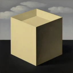 hypercube in front of a cloudy sky and black floor painting by rene magritte, high detail, high resolution