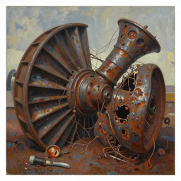 oil paint of flayed blood turbines, hydrocracking battles, rusted, macerated, eviscerated by fimbria wires, bicornate fungal pit, trash patina sheen rotting, by alberto bontempi, alex ross, shigeru komatsuzaki, wayne d barlowe, alex ross, stefano tamburini, simon bisley & boris vallejo,