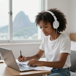 black girl, curly hair, with headphones, studyng in bedroom, window with rio de janeiro view, lo-fi illustration style, digital art, alive colors