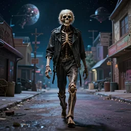 color photo of a living dead walking down a town in space