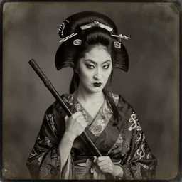 terrifying evil dark angry geisha!!! daguerreotype portrait photograph. inspired by gerard grom and ansel adams. beautiful. highly detailed. old timey.