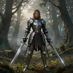 female warrior with glowing blue eyes wielding two swords wearing full body knight!! armor, forest plains of yorkshire, misty forest, elden ring, dark souls, good value control, digital painting, sharp focus, rule of thirds, 4k, centered, muscular body type, magic hour photography, atmospheric, moody colors