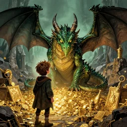 The dragon Smaug inside the mountain of Erebor staring at Bilbo Baggins, surrounded by gold and treasure, by Greg Rutkowski