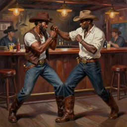 a painting of a redneck bar fistfight, black man playing, artstation