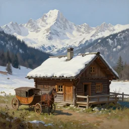 a medieval fantasy cabin retreat, in the high german mountains, snowy peaks in the distance, a single wooden horse drawn carriage out front, artstation, oil painting, painted ruan jia raymond swanland lawrence alma tadema zdzislaw beksinski norman rockwell tom lovell alex malveda greg staples