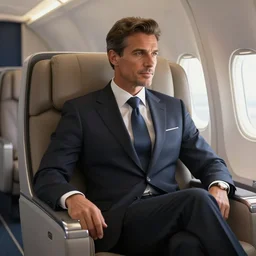 a handsome mature diplomat. in his chair in the first class of a airplane. intricate, elegant, highly detailed, digital painting, artstation, concept art, sharp focus, illustration, by justin gerard and artgerm, 8 k