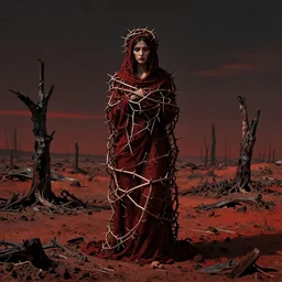 mother, wrapped in thorns, in a desolate, charred desert, high contrast,  dark red, HDR, painted by zdzislaw beksinski
