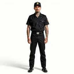 tattooed postman with letters, photorealistic portrait photography, full body, standing, isolated on a pure white background, centered, whole figure in frame, sharp focus, studio lighting