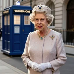 Queen Elizabeth II standing on the street next to the Tardis, sci-fi concept art