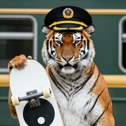 portrait of a tiger wearing a train conductor's hat and holding a skateboard that has a yin - yang symbol on it. photograph