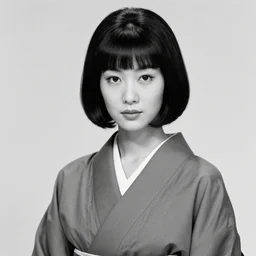 photo of a trendy japanese woman with bangs in 1966, wearing an open kimono, artistic, black and white