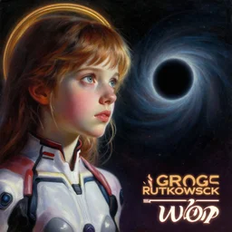 poster artwork, painting, young girl, beautiful face, gorgeous, face visible, halo, cinematic lighting, eva suit, looking at a black hole, wallpaper, extremely detailed, sharp focus, by greg rutkowski and [ [ [ wlop ] ] ], intricate, beautiful, award winning, trending on artstation, pixiv