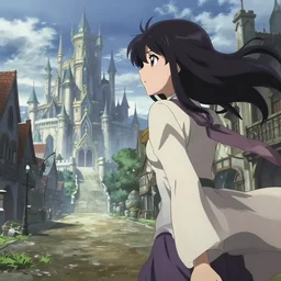 anime visual, portrait of a young woman outside in the medieval city square looking at the fantasy palace in the distance, cute face by ilya kuvshinov, murata range, dynamic pose, dynamic perspective, rounded eyes, moody, psycho pass, kyoani, yoh yoshinari