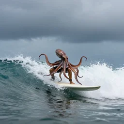 a wideangle colorchrome supersharp photo of a alien octopus surfing on top of a surfboard, wave, stormy sky