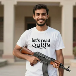 a man wearing a t - shirt saying let's read quran, and he is holding an ak - 4 7, smiling.