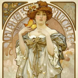 a lady wearing a victorian era dress, by alphonse mucha