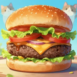full close up image burger food, cat, cat, cat, close up, full image, food, burger, hamburger, tasty look, artstation, style of jesper ejsing, by rhads, makoto shinkai and lois van baarle, ilya kuvshinov, rossdraws