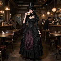 full body portrait photo of reol wearing a elegant gothic dress, open top, wearing a tophat, and glasses. drinking coffee in a busy steampunk cafe interior, dim studio lighting, at night, ( ( photograph ) ), moody, realistic, detailed
