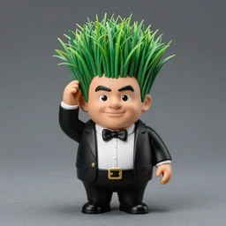 studio portrait still of!!!! grasshead toy!!!! shaped as danny devito!!! touches his green grass head, highly detailed, accurate, symmetrical, studio lighting, key light