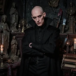 night portrait f / 1. 4 of a neurotic forty two year old british man vampire thin features feeling confidant in a cluttered dark room full of ancient artifacts ( ( ( bald ) ) ) dark dusty statues runes magical arcane tools graffiti candlesticks drapery ritual bloody knife books atmospheric hdr