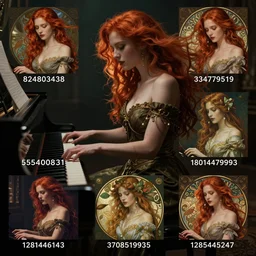 a Photorealistic dramatic fantasy render of Elesky, the Streamer, a beautiful redhaired woman playing the piano by WLOP,Artgerm,Greg Rutkowski,Alphonse Mucha, Beautiful dynamic dramatic dark moody lighting,shadows,cinematic atmosphere,Artstation,concept design art,Octane render,8K The seeds for each individual image are:  [824803438, 834779519, 1786560639, 555400831, 3274589695, 1801446143, 3284479999, 2708519935, 1285445247]