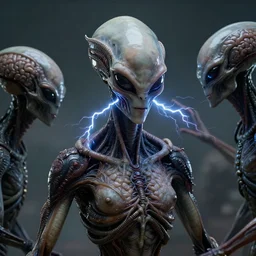 aliens brainsuckers killing indian gods with electricity, perfect face, fine details, studio lighting, subtle shadows, art by katsuya terada, photorealism, hyper realism, octane render, hyper detailed, canon eos r 3, f / 1. 4, iso 2 0 0, 1 / 1 6 0 s, medium shot, 8 k, raw, unedited, in - frame,