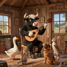 a bull plays the balalaika sitting on a chair in a wooden house, and a cat, a goose, a dog and a hare dance around the bull by greg rutkowski and thomas kinkade, trending on artstation, 3 d art station