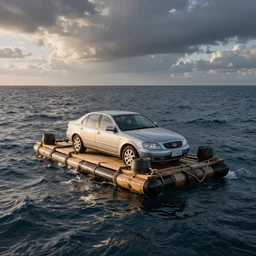 a car on a homemade wooden raft in the ocean, tied up with ropes and barrels
