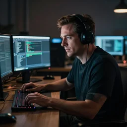 cinematic lighting of a programmer by nick silva, rim lighting, trending on pintrest
