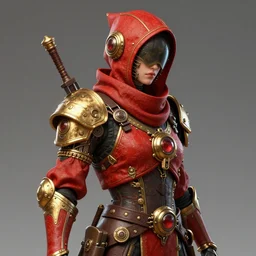 Portrait of a steampunk sci-fi cyborg ninja, third person, D&D, sci-fi fantasy, intricate, red and gold, highly detailed, art by Range Murata, highly detailed, 3d, octane render, bright colors, digital painting, trending on artstation, sharp focus, illustration style of Stanley Artgerm,