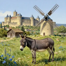 very long shot of a windmill, wild beautiful Donkey, spots of blue flowers nearby, medieval french landscape, Carcassonne, city of carcassonne in the background, and with big shack between by Stanley Artgerm Lau, WLOP, Rossdraws, frank frazetta, Andrei Riabovitchev, Marc Simonetti, tranding on artstation