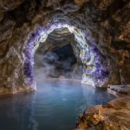 photo inside a cave made of amethyst and and a hot spring