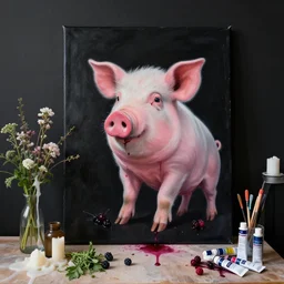 “ a portrait in a female art student ’ s apartment, sensual, a pig theme, dreamy, art supplies, paint tubes, ikebana, herbs, a candle dripping white wax, black walls, squashed berries, berry juice drips, acrylic and spray paint and oilstick on canvas, surrealism, neoexpressionism ”