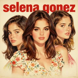 “ selena gomez portrait by ikenaga yasunari and ayana otake and ko rakusui, 6 0 s poster, drawing, realistic, sharp focus, japanese, dreamy, nostalgia, faded, golden hues, floral clothes ”