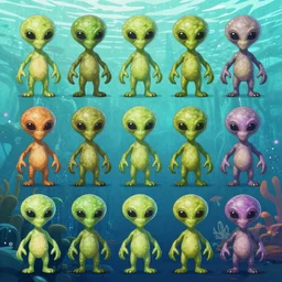 vintage friend shaped little alien race with webbed tentacle arms as playable characters design sheets for the newest psychonauts video game made by double fine done by tim shafer that focuses on an ocean setting with help from the artist for the band gorillaz and the artists from odd world inhabitant inc and Lauren faust from her work on dc superhero girls and lead artist Andy Suriano from rise of the teenage mutant ninja turtles on nickelodeon using artistic cues for the game fret nice