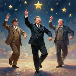 Stalin, Churchill and Franklin Roosevelt dancing with the stars, colorized,  fantasy painting,hyperrealistic, highly detailed, depth of field, High definition, 8k,  octane render, artstation