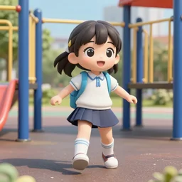 cute anime elementary school girl playing on playground, unreal engine rendering, 4k