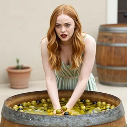 Elle Fanning emerges from a barrel filled with olives in oil