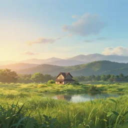 a serene landscape with a singular building near a lake at sunrise, pixar style, ghibli studio, anime style, 8 k hdr, octane render, unreal engine 5, trending on deviantart, natural lighting, path traced, highly detailed, high quality, godrays, complementary colors, beautiful landscape, cartoon, high coherence, soft lighting, soft colors, digital art, digital painting, matte