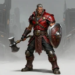 Full body Picture of a Male barbarian, steampunk, black leahter gloves, red leather short coat, marked muscles, dark brown skin, detailed face, light grey hair, orange eyes, combat stance, black denim pants, intrincate clothing, hi-tech hatchet, metallic shield, urban fantasy, tech city in the background, D&D, by artgerm and Craig Mullins, Leng Jun, Frank Franzzeta, Mark Simonetti and Peter Morbacher, matte painting, trending on artstation, artstationHD, artstationHQ, octane, full HD, 16K