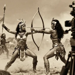 movie scene, powerful beautiful aztec and Amazonian warrior females  fight, bow, flying arrows, spear, epic camera, vintage,  Boris vallejo, sepia, apocalypto