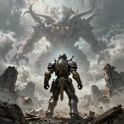 Abstract tech action scene of a old steampunk warrior facing a gigantic etheral monster looking down on top of ruins, horror, volumetric clouds focus, detailed, realistic eyes, symmetric body features proportions, intricate details, award winning, by Tom Bagshaw
