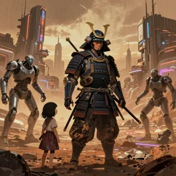 illustration of a worn out samurai that got time travelled to a futuristic colonized Martian city, protecting his daughter from robot samurai, rainy day, neon glow concept art, sharp focus, cyberpunk 2077, steam punk, scifi, octane render, art by Ilya Kuvshinov, wallpaper, highly detailed, anime key visual, warm colors, epic landscape, HD digital art, artstation