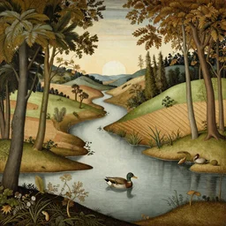 An intricate, extremely detailed painting in a style of Hieronim Bosch featuring a river in Europe, surrounded by trees and fields. A duck is slowly moving through the water. Sun is shining.