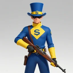 superhero with tophat and a rifle in blue and yellow clothes, digital art, trending on artstation, by ross tran