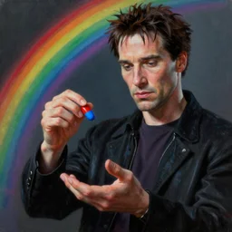 ultra realist and ultra intricate detailed soft painting render of Marlon Brando as Morpheus showing Neo red or blue pill in the Matrix, focus, rainbow lighting, award winning, trending in cgsociety artstation deviant art, octane render,by Tom Bagshaw